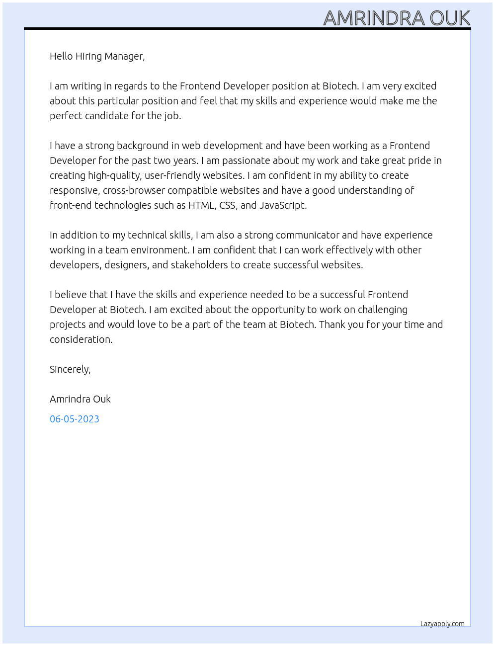 Frontend Developer At Biotech Cover Letter