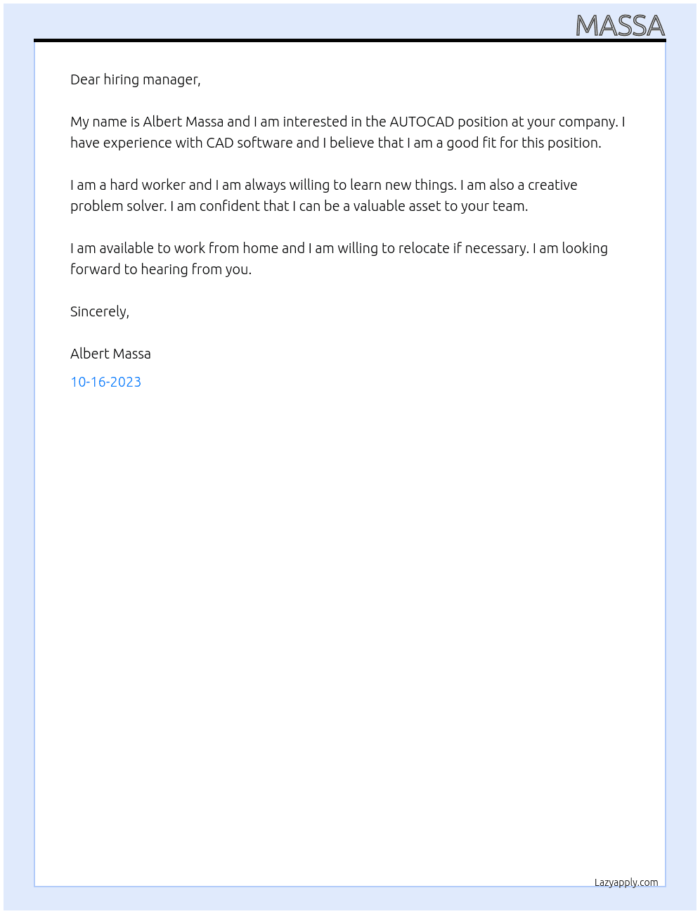 AUTOCAD At FREELANCE Cover Letter