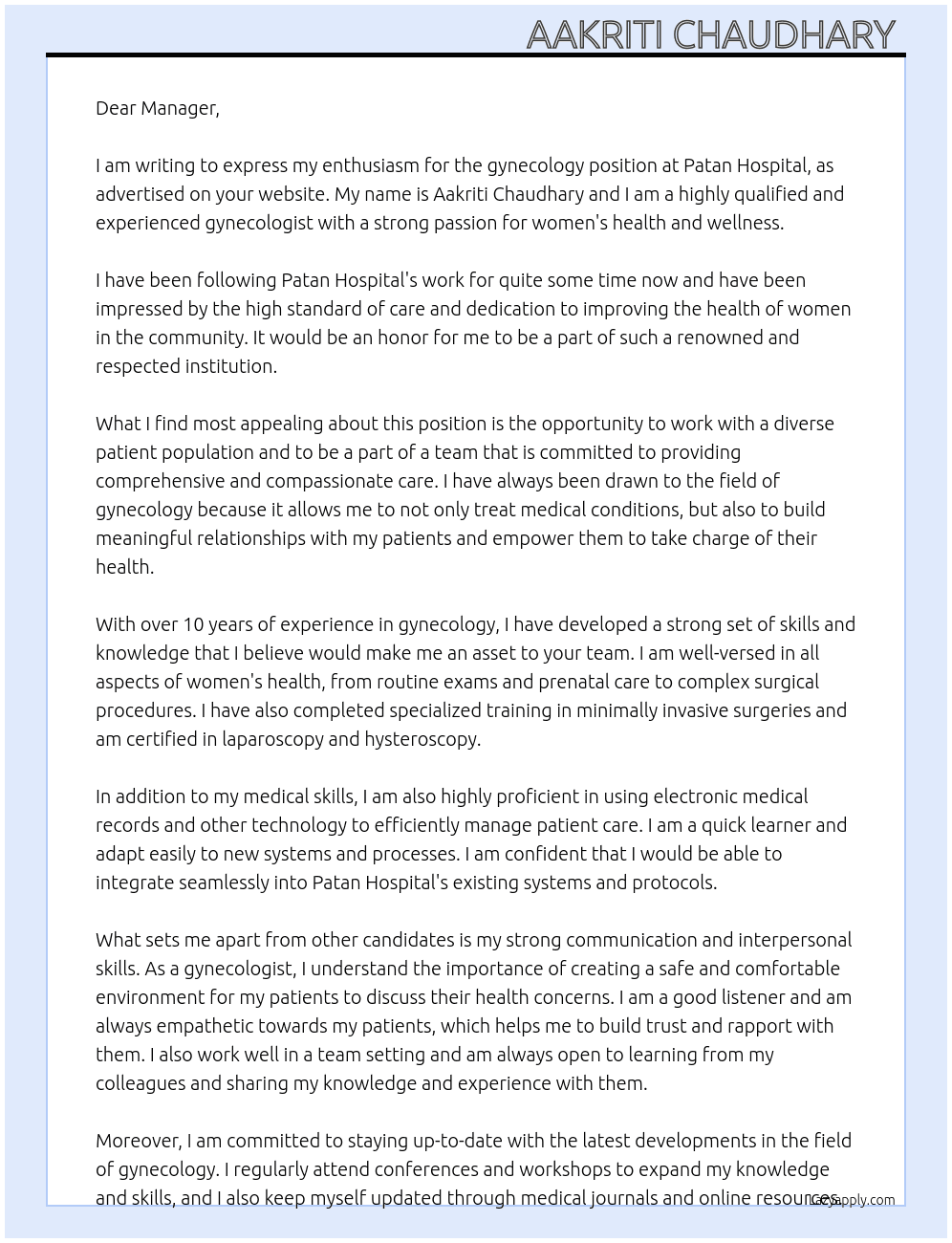gynecology At patan hospita Cover Letter
