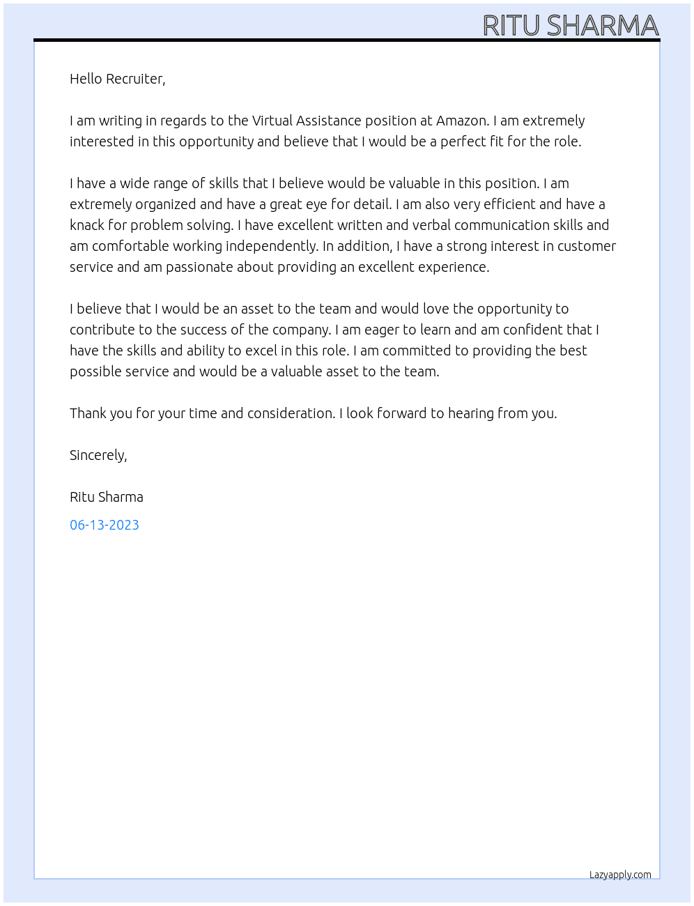 Virtual Assistance  At Amazon Cover Letter