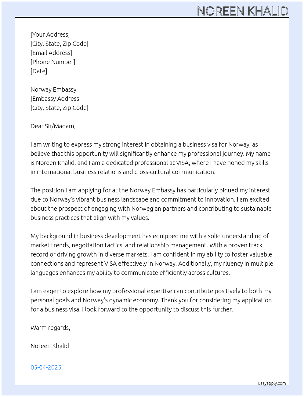 Business visa for norway At VISA Cover Letter