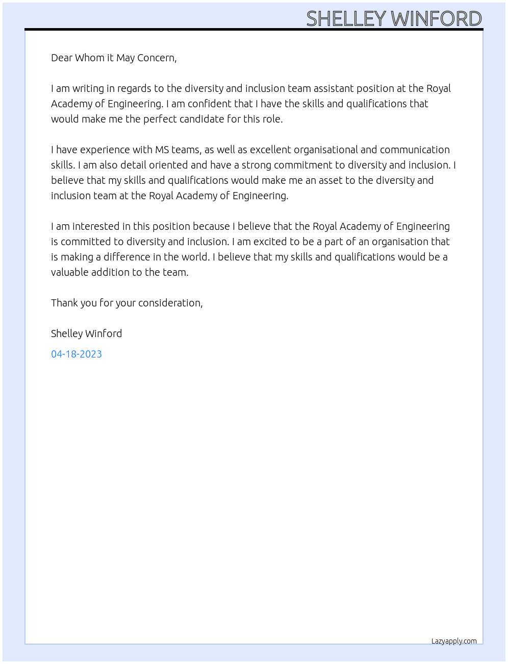 diversity and inclusion team assistant At Royal academy of engineering Cover Letter