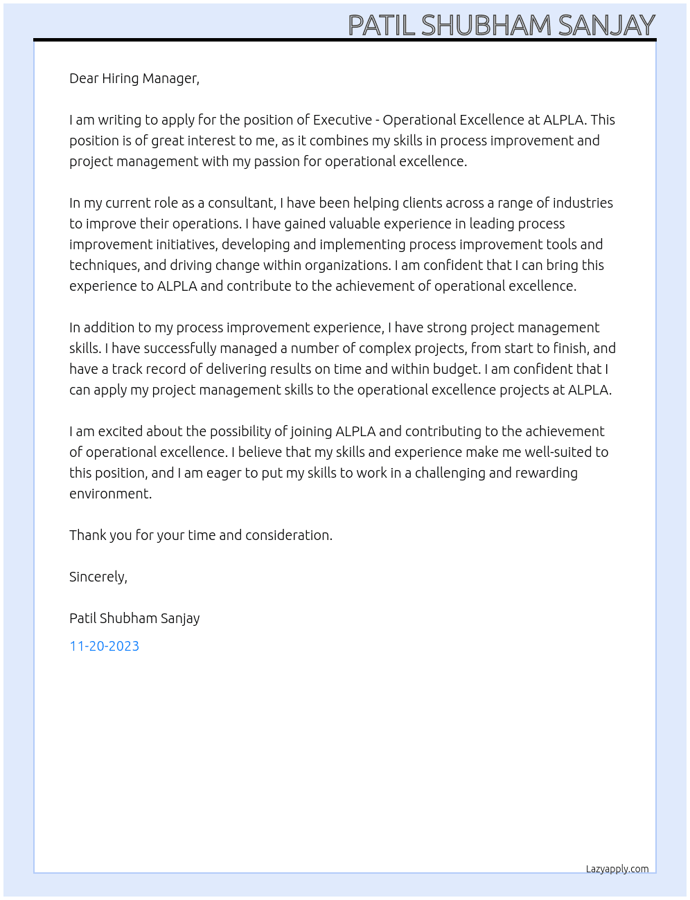 EXECUTIVE - OPERATIONAL EXCELLENCE At ALPLA Cover Letter