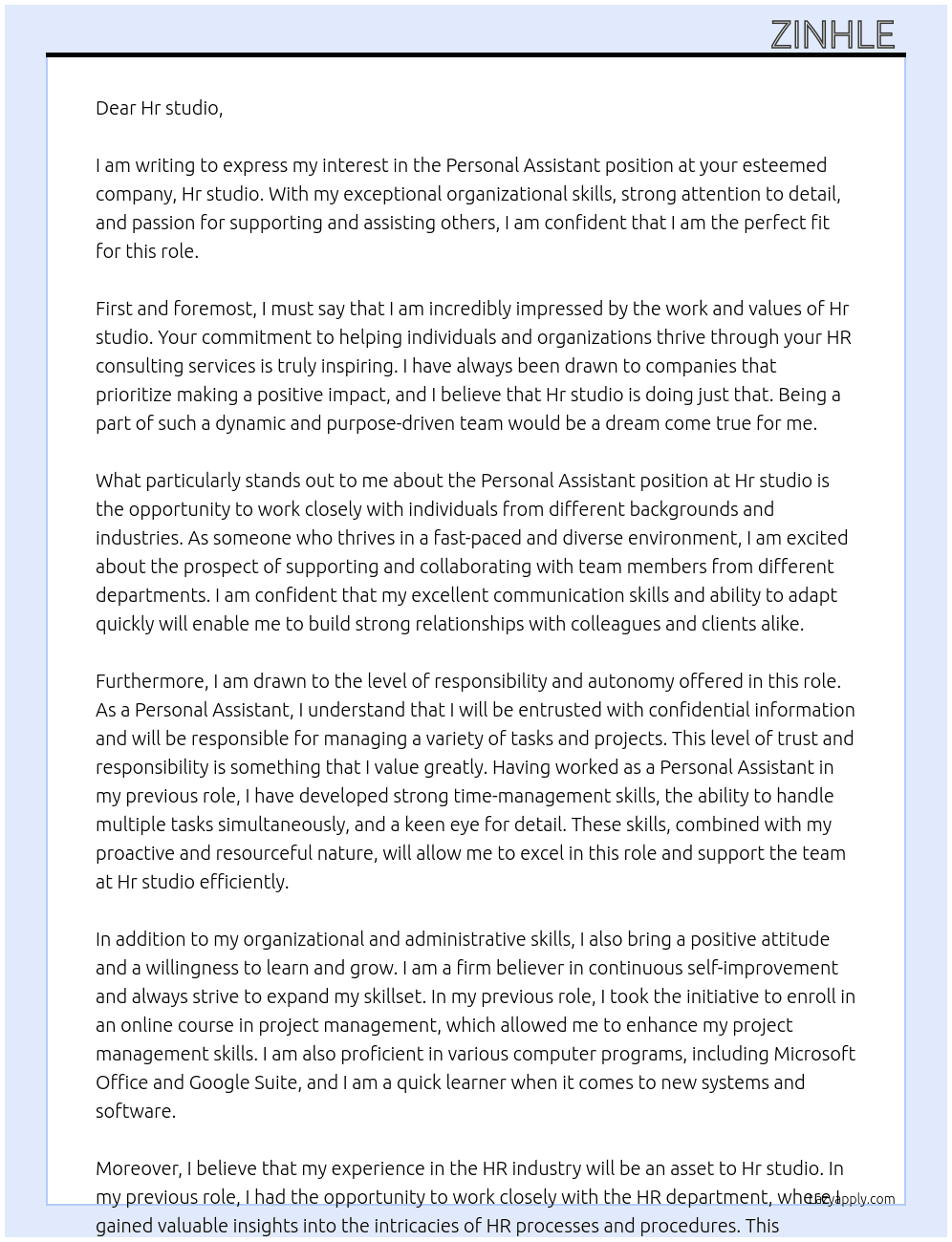 Personal assistant  At Hr studio Cover Letter