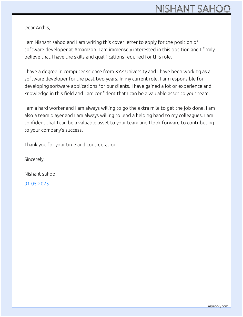 software developer At Amamzon Cover Letter