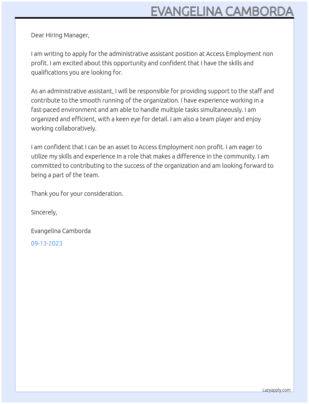 administrative assistant At Access Employment non profit Cover Letter