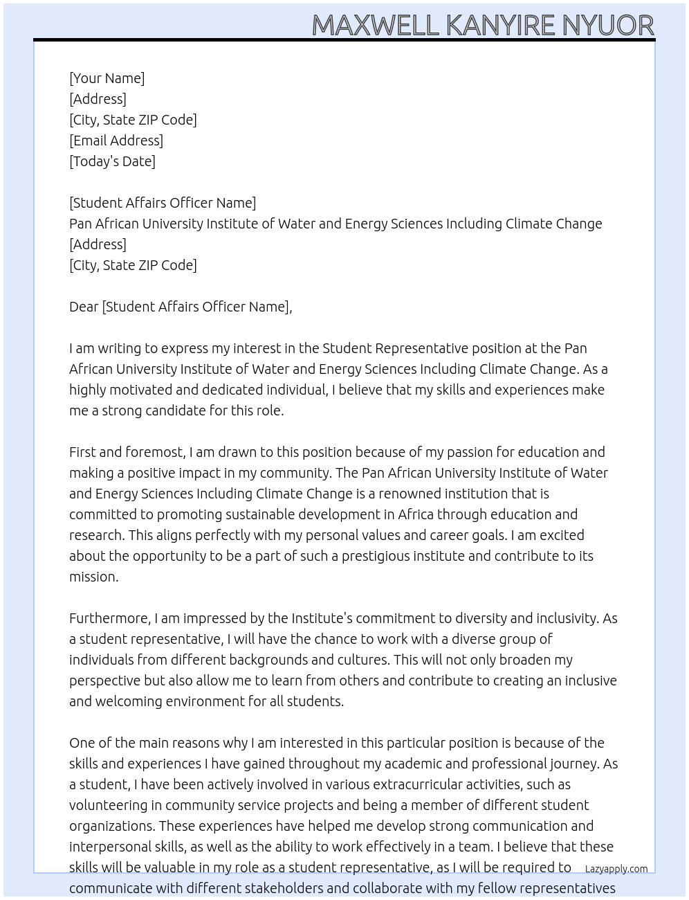 Student representative  At Pan African University Institute of Water and Energy Sciences Including Climate Change  Cover Letter