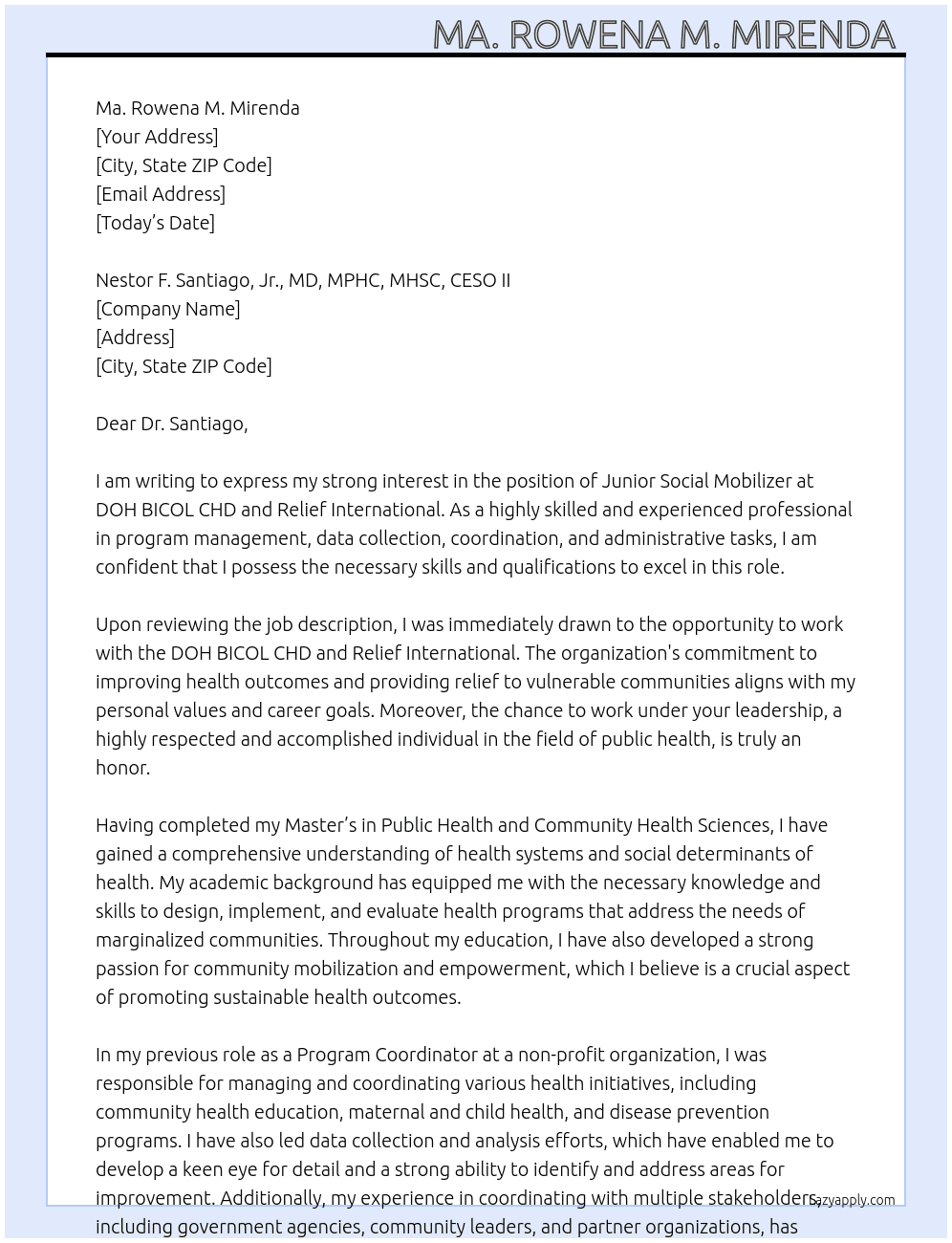 Junior Social Mobilizer  At DOH BICOL CHD and Relief International  Cover Letter