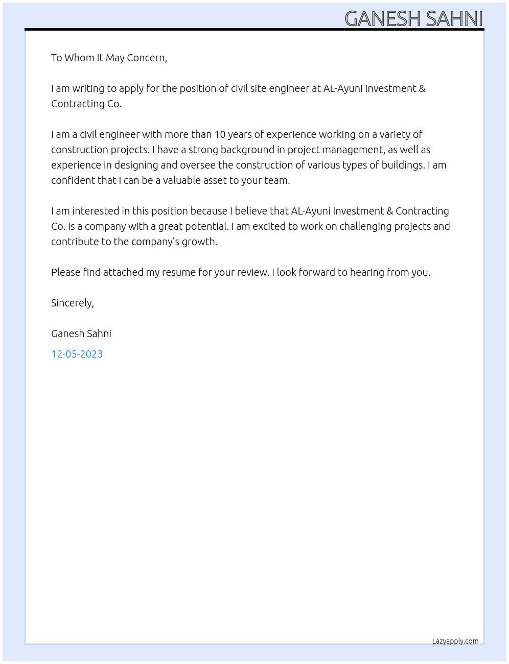  civil site engineer  At AL-Ayuni Investment & Contracting Co. Cover Letter