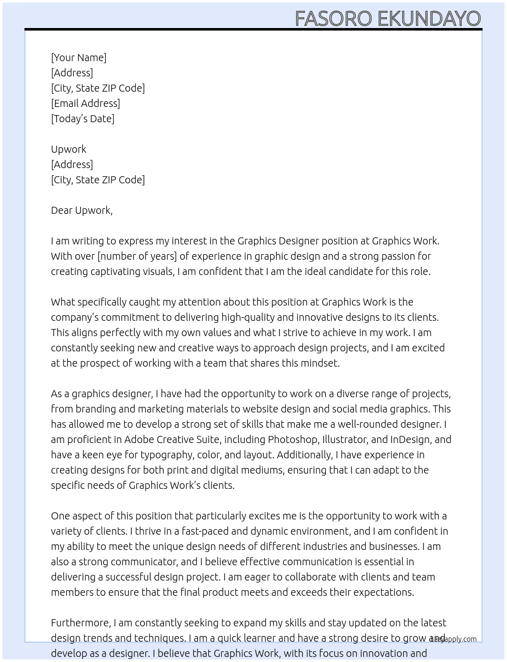 Graphics designer At Graphics work Cover Letter