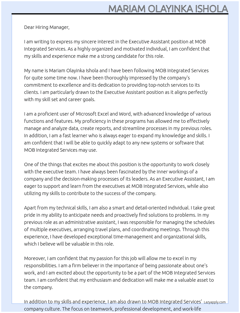 Excecutive Assistant At MOB Integrated Services  Cover Letter