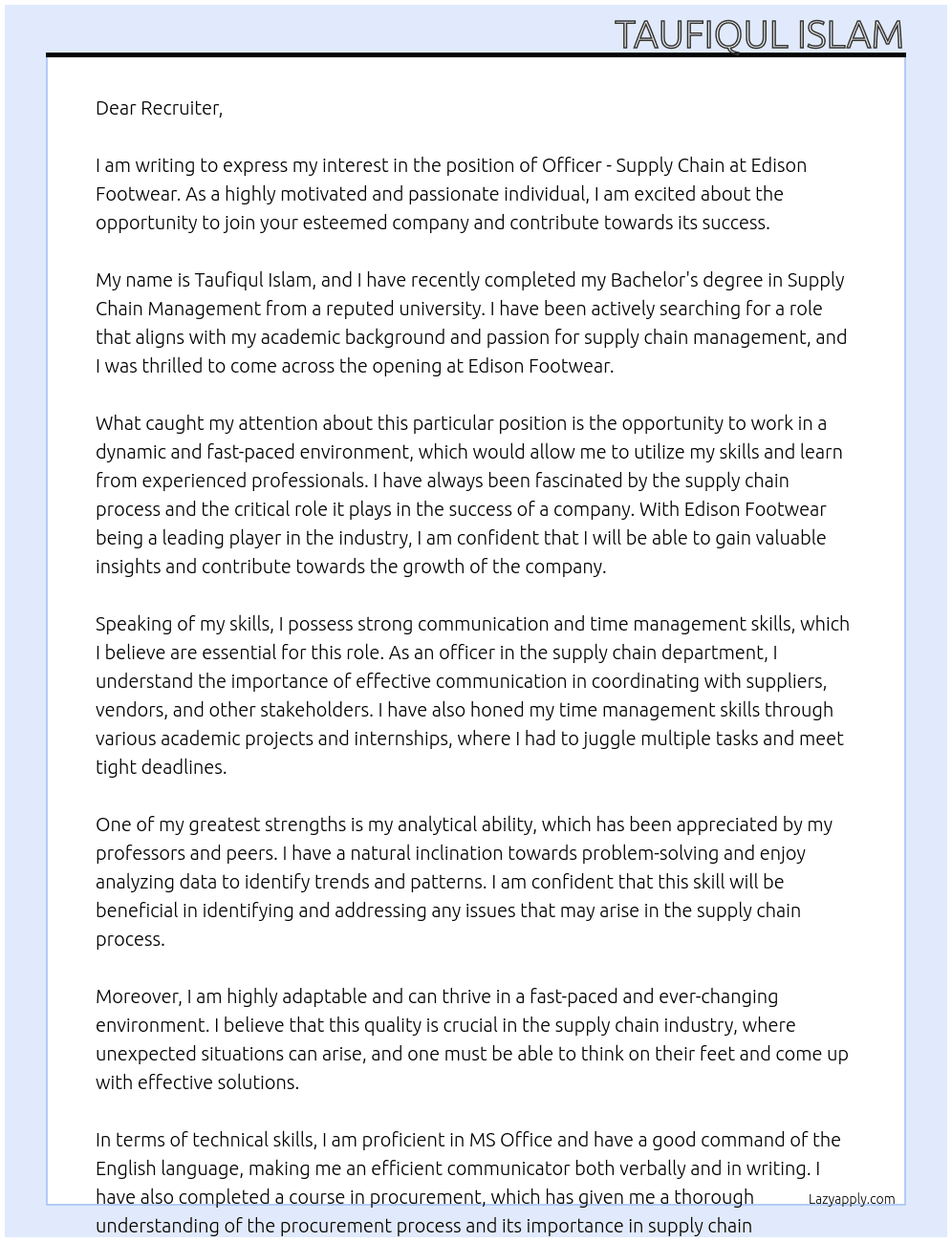 "Officer - Supply Chain" At Edison Footwear Cover Letter