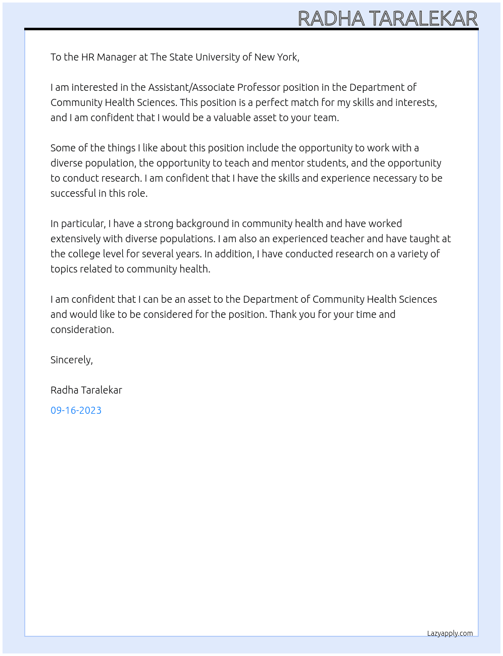 Assistant/Associate Professor, Department of Community Health Sciences At The State University of New York Cover Letter
