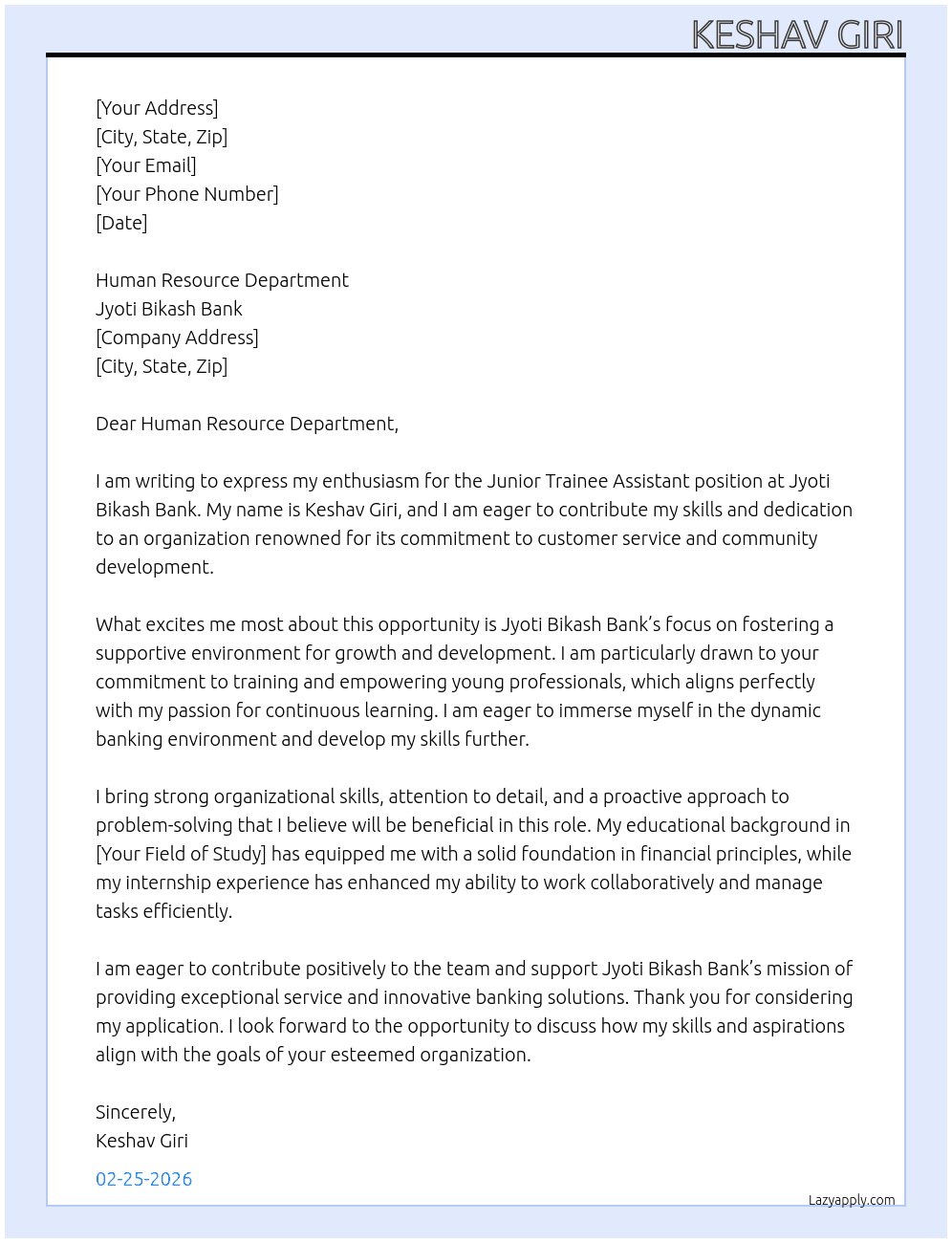 Cover letter for junior traniee assistant - LazyApply