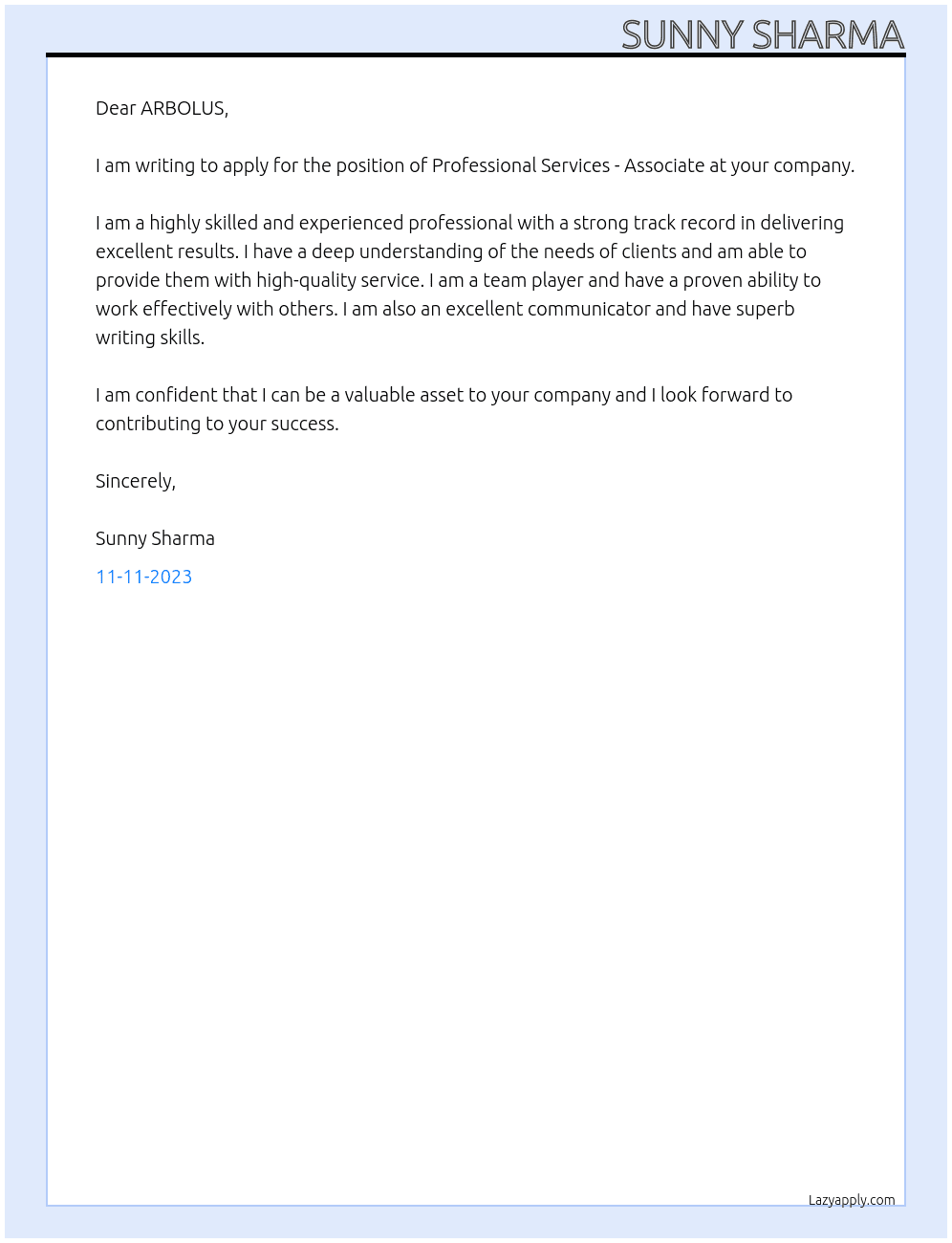 Professional Services -Associate At ARBOLUS Cover Letter