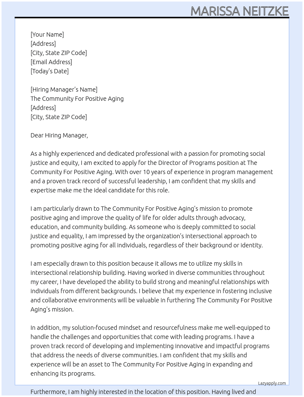 Director of Programs At The Community For Positive Aging Cover Letter