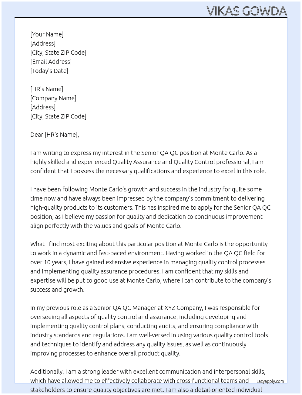 Senior QA QC  At Monte Carlo Cover Letter