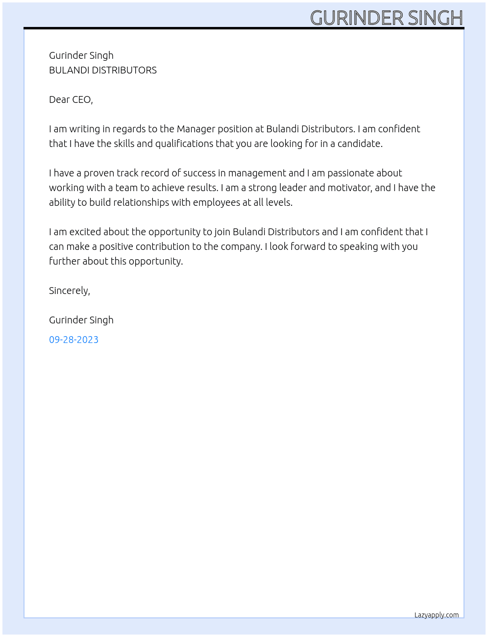 Mananger At BULANDI DISTRIBUTORS Cover Letter