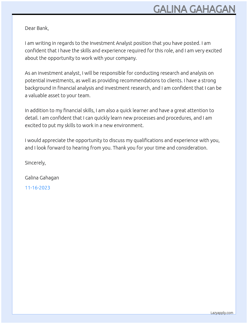 investment analyst At Bank Cover Letter