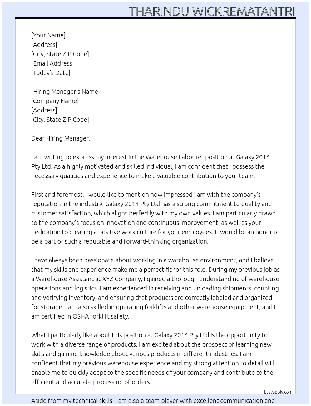 Warehouse Labourer At Galaxy 2014 Pty Ltd Cover Letter
