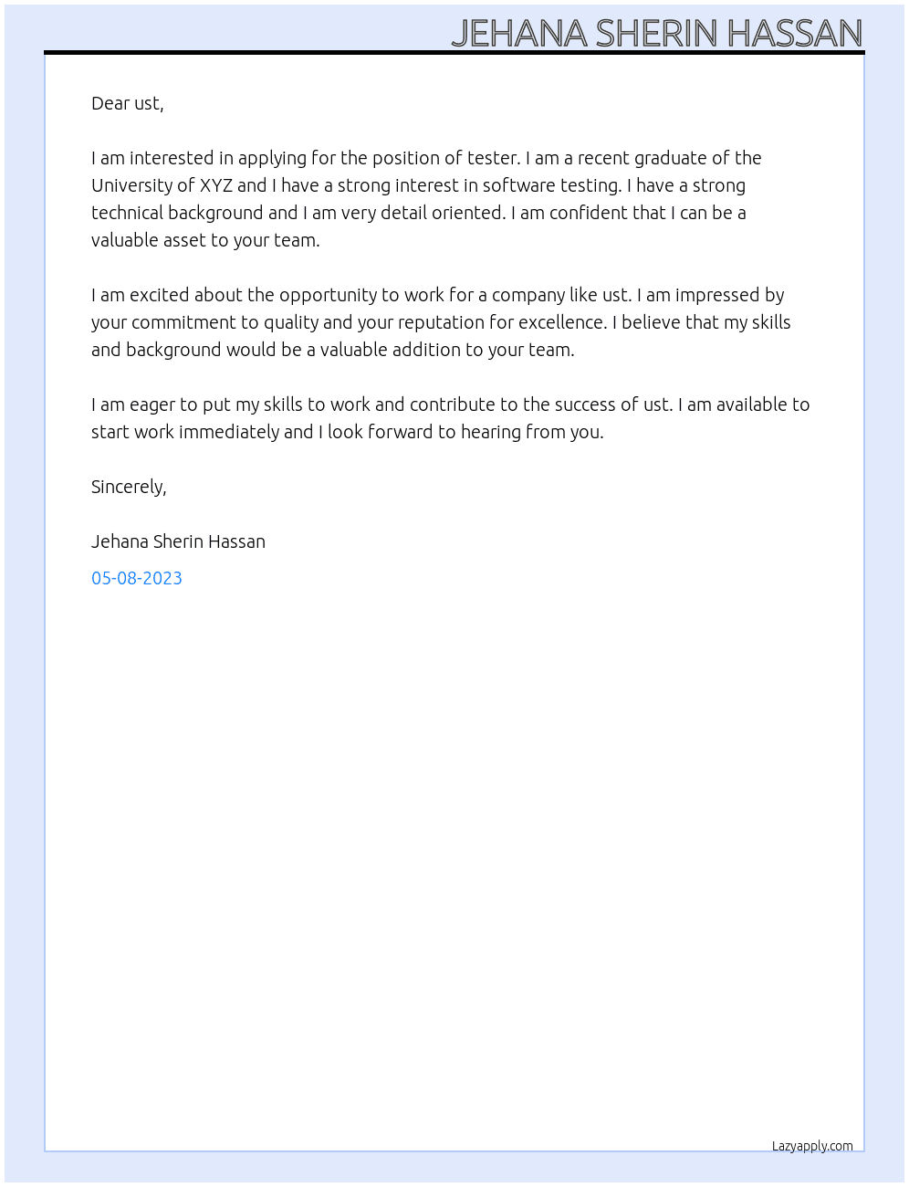 tester At ust Cover Letter