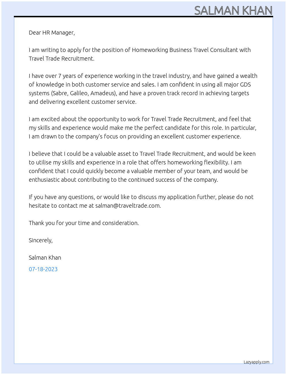 Homeworking Business Travel Consultant At Travel Trade Recruitment Cover Letter