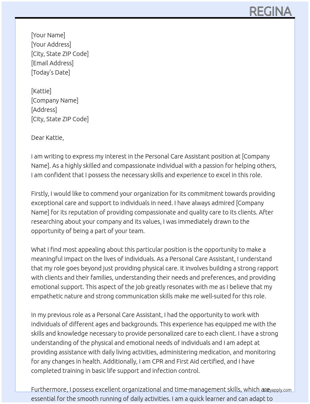 Personal care assistant  At Kattie Cover Letter