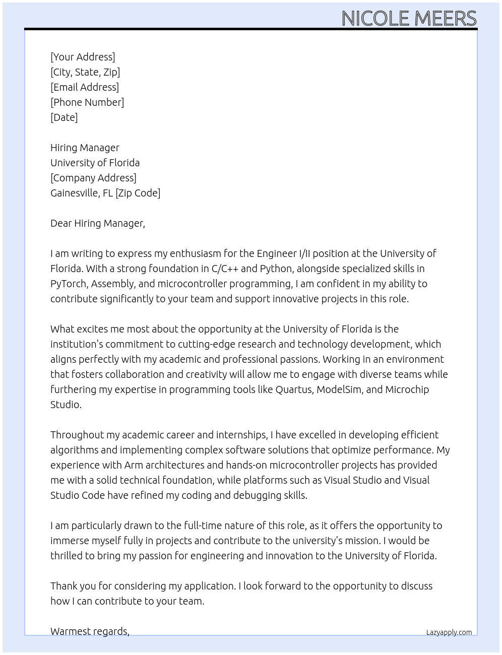 Cover letter for engineer i/ii - LazyApply