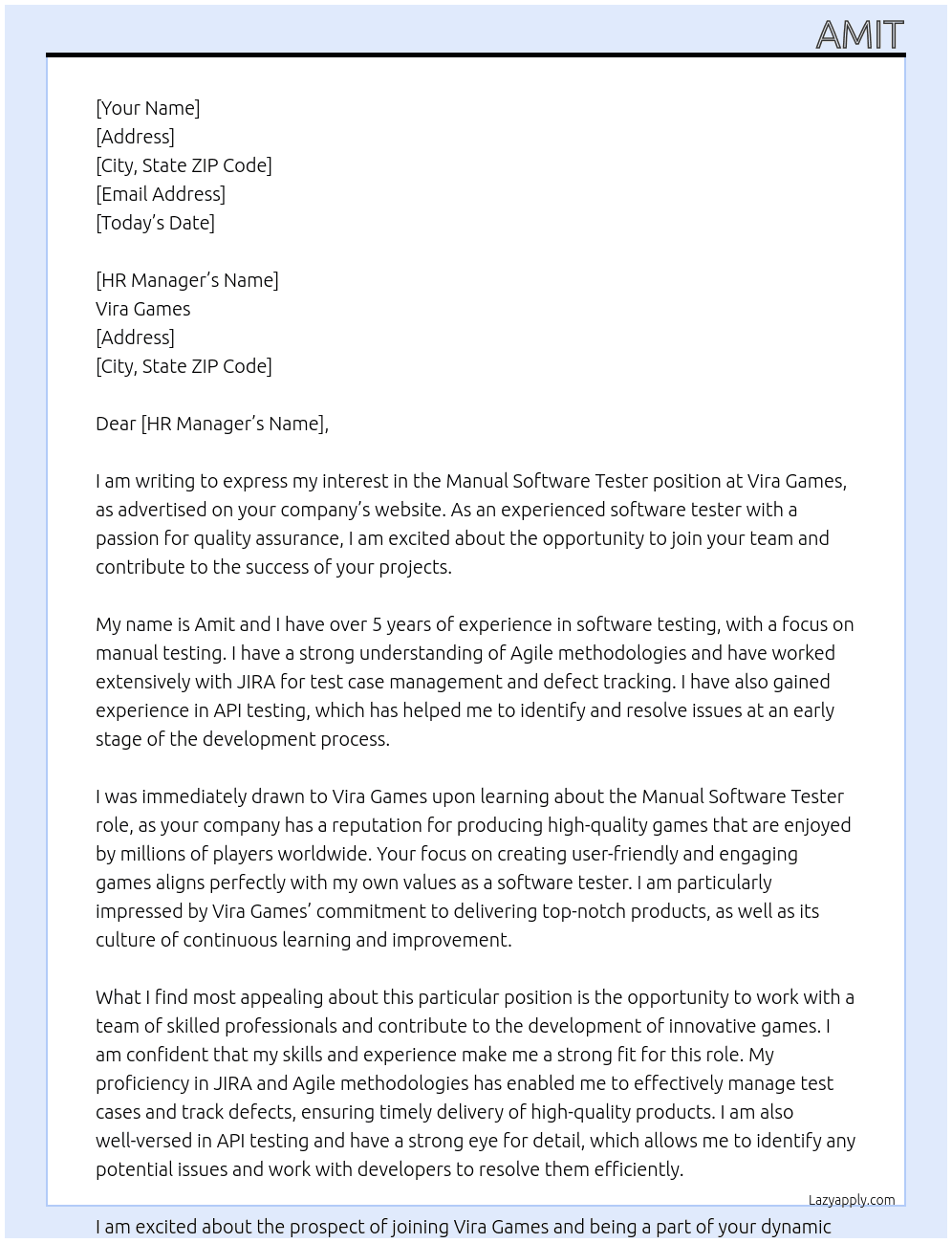 Manual Software Tester  At Vira Games  Cover Letter