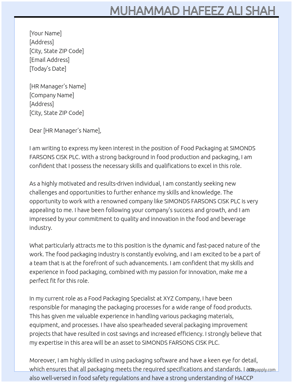 Food Packaging  At SIMONDS FARSONS CISK PLC Cover Letter