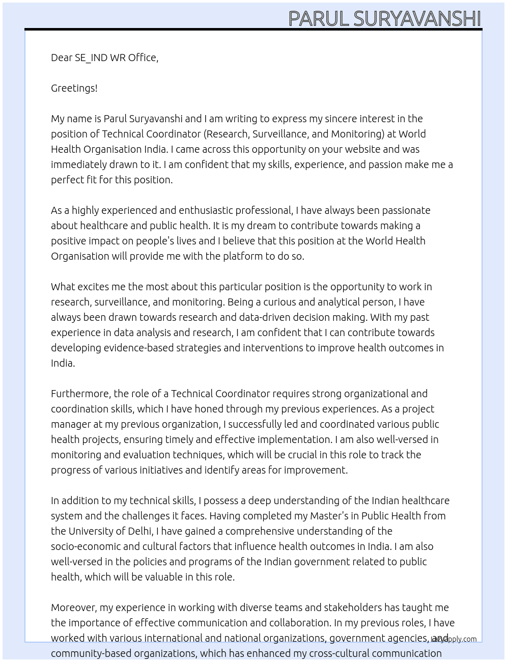 Technical Coordinator (Research, Surveillance, and Monitoring) At World health organisation India Cover Letter