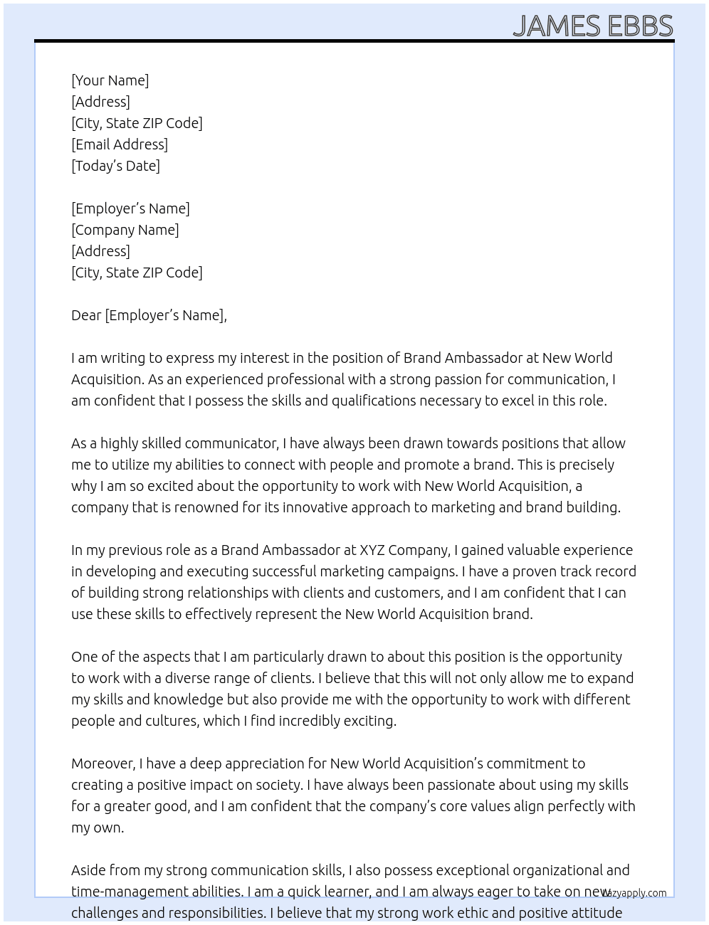 Brand Ambassador At New World Acquisition Cover Letter