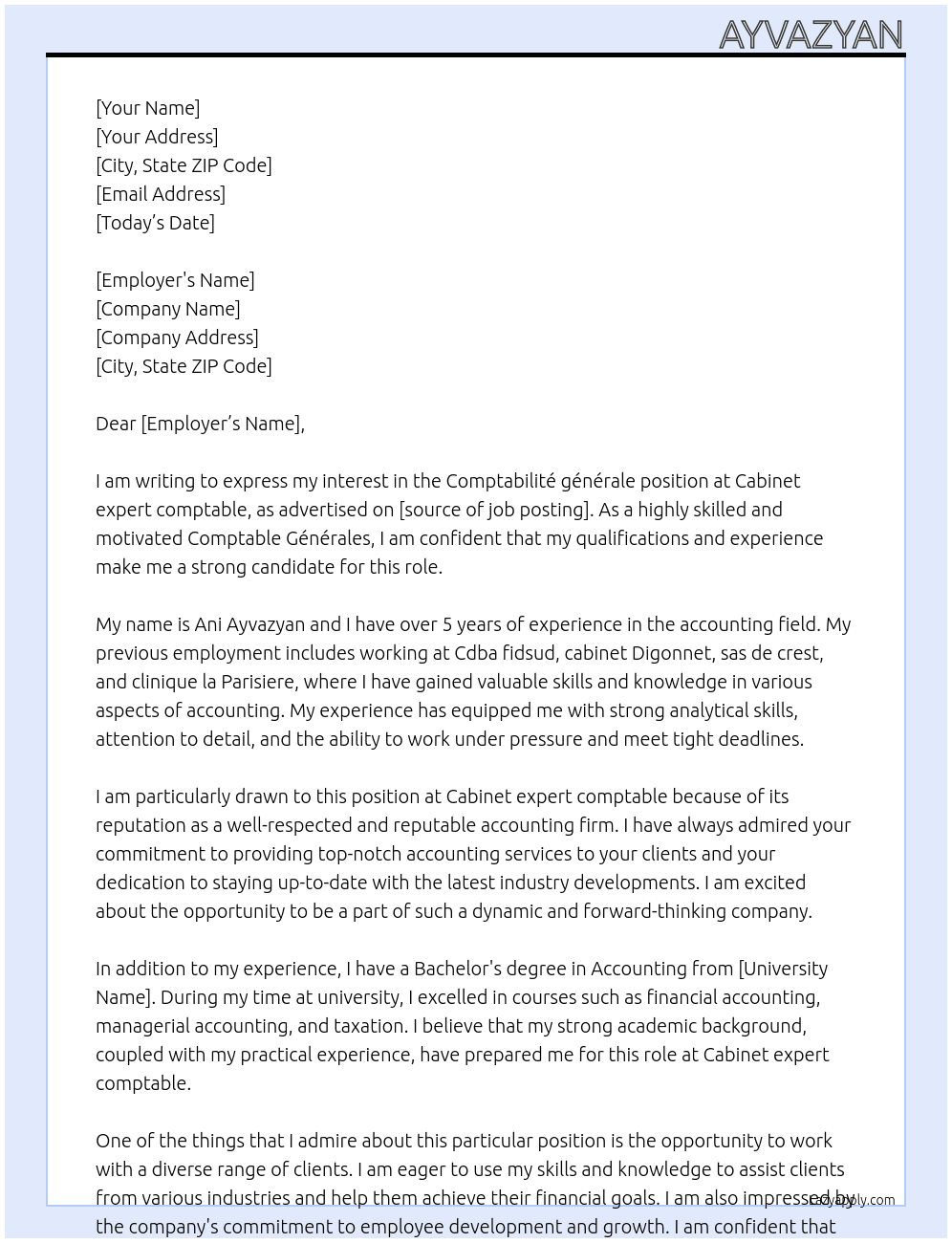 Comptabilité générale  At Cabinet expert comptable  Cover Letter