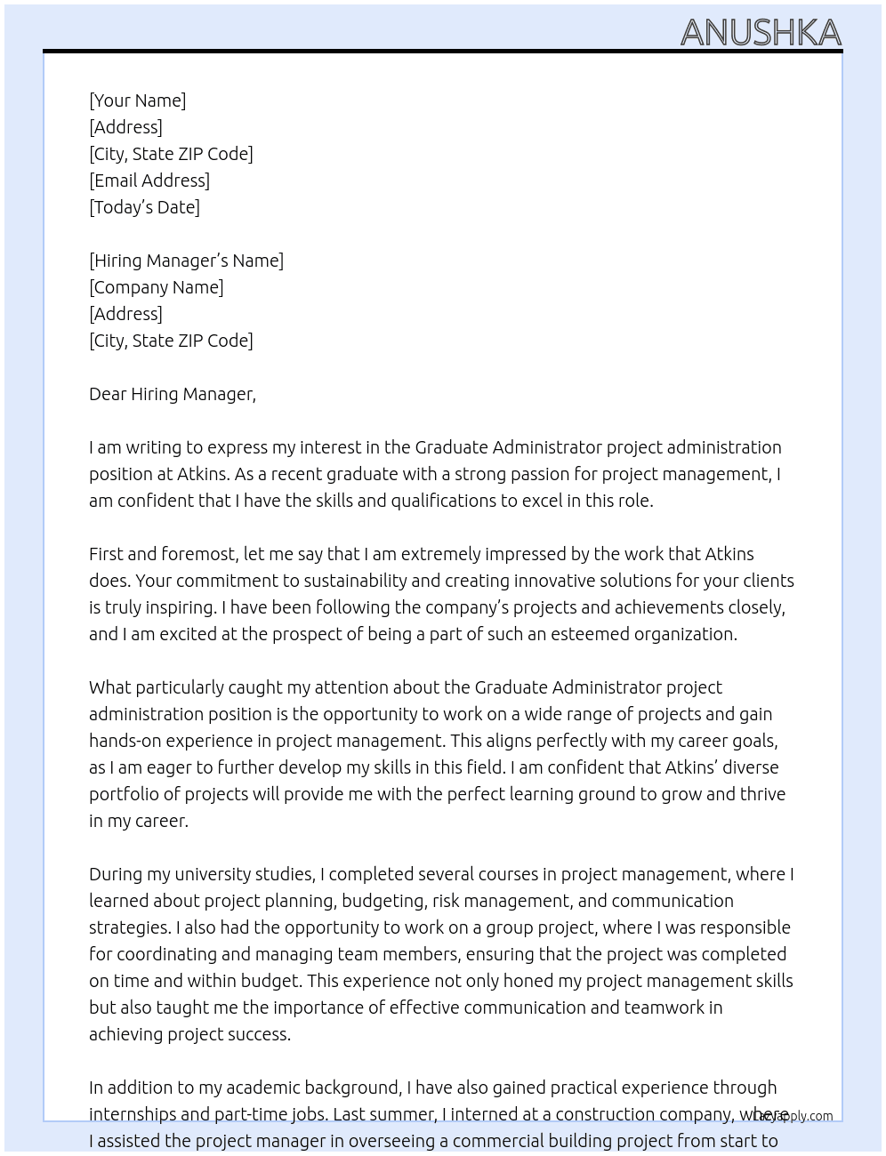 Graduate Administrator project administration  At Atkins Cover Letter