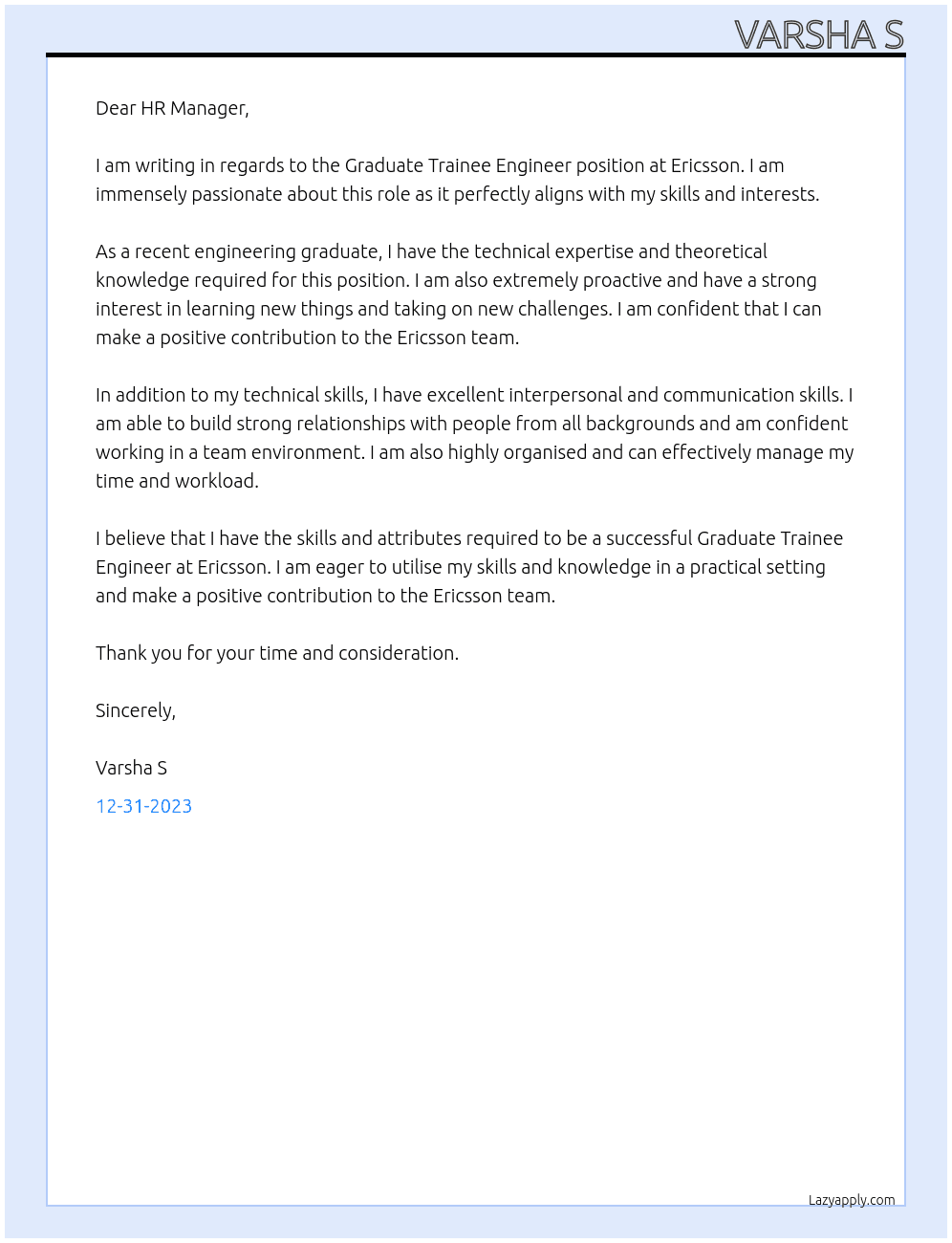 Graduate Trainee Engineer At Ericcson Cover Letter