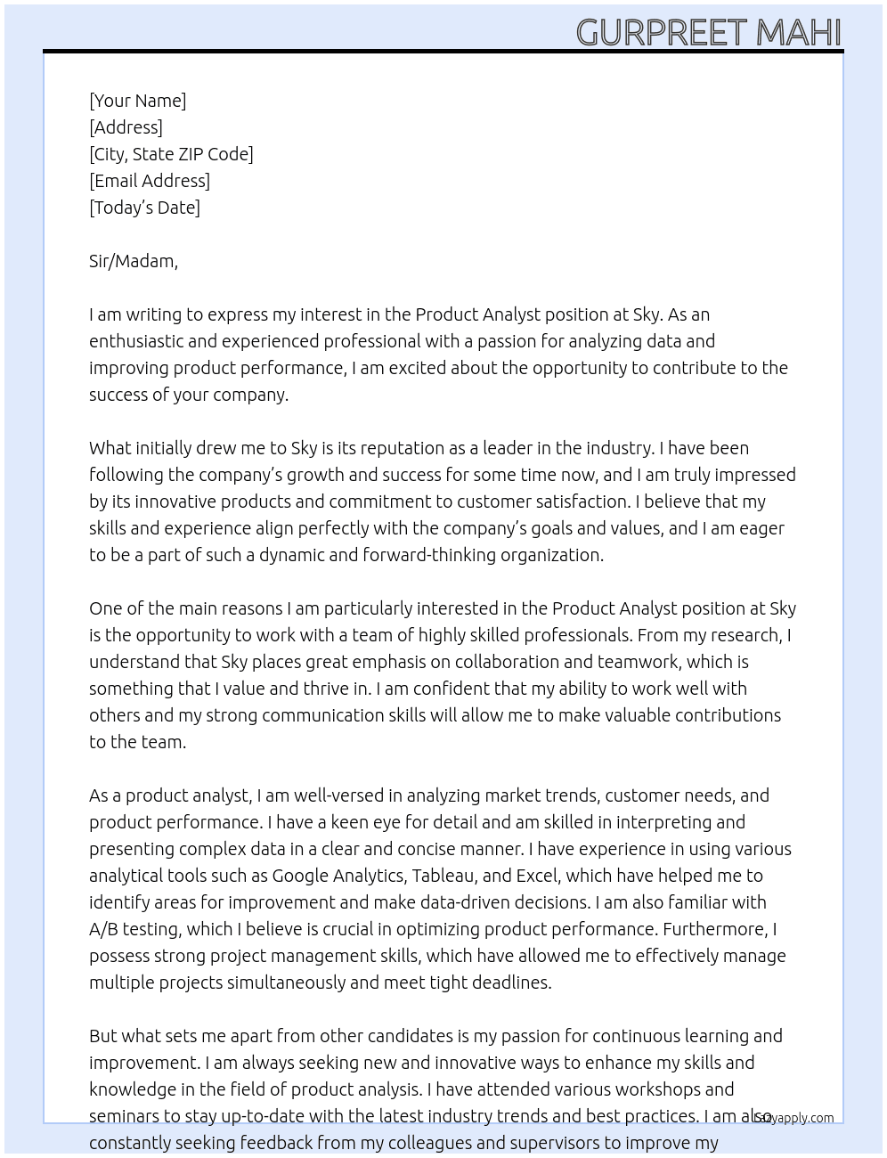 product analyst At Sky Cover Letter