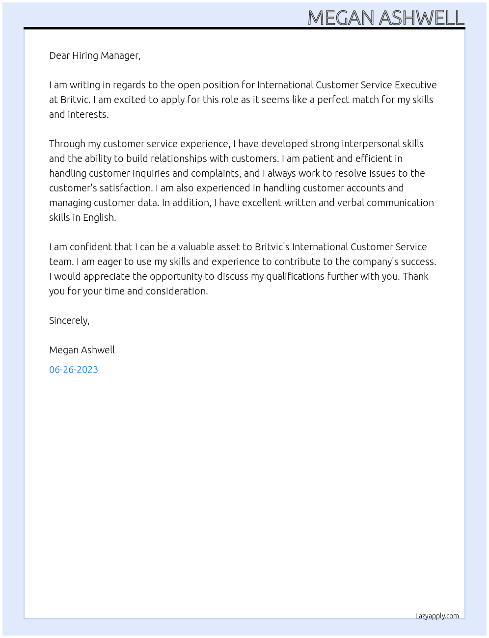 International Customer Service Executive At Britvic Cover Letter