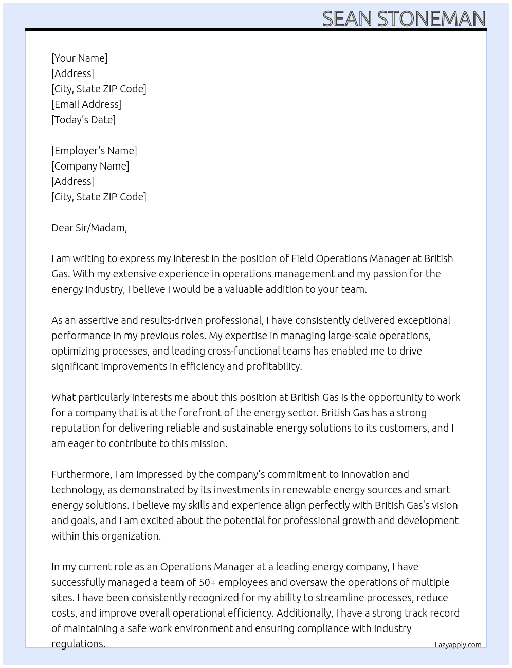 Field operations manager At British Gas  Cover Letter