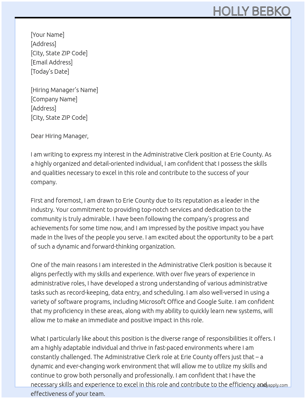 Administrative Clerk At Erie County Cover Letter