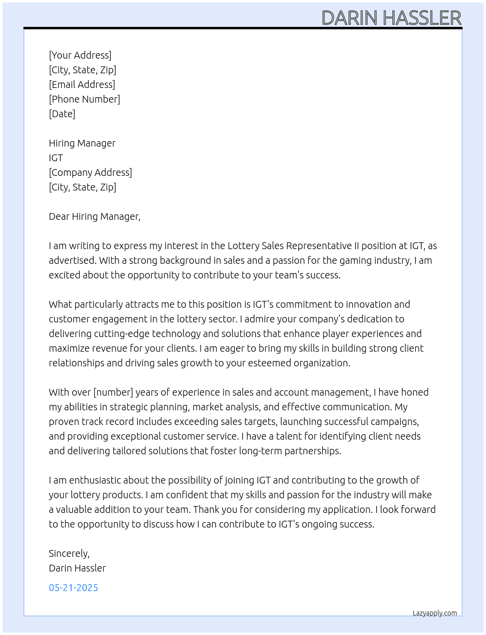 Lottery Sales Representative II At IGT Cover Letter