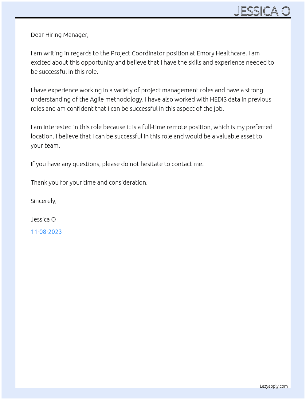 Project Coordinator At Emory Healthcare Cover Letter
