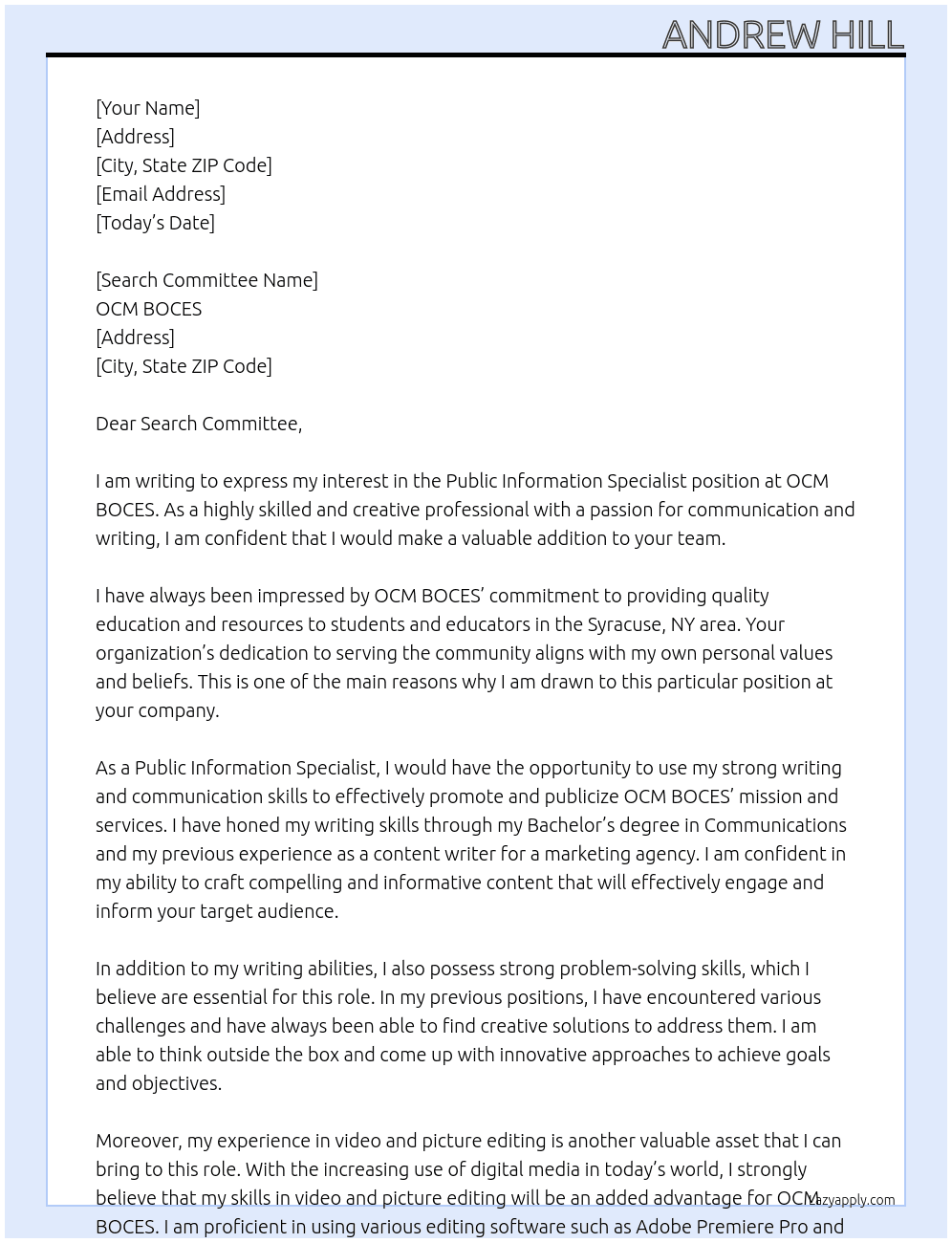 Public Information Specialist  At OCM BOCES Cover Letter