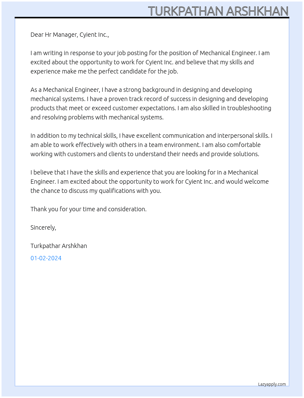 Mechanical engineer  At Cyient Inc. Cover Letter