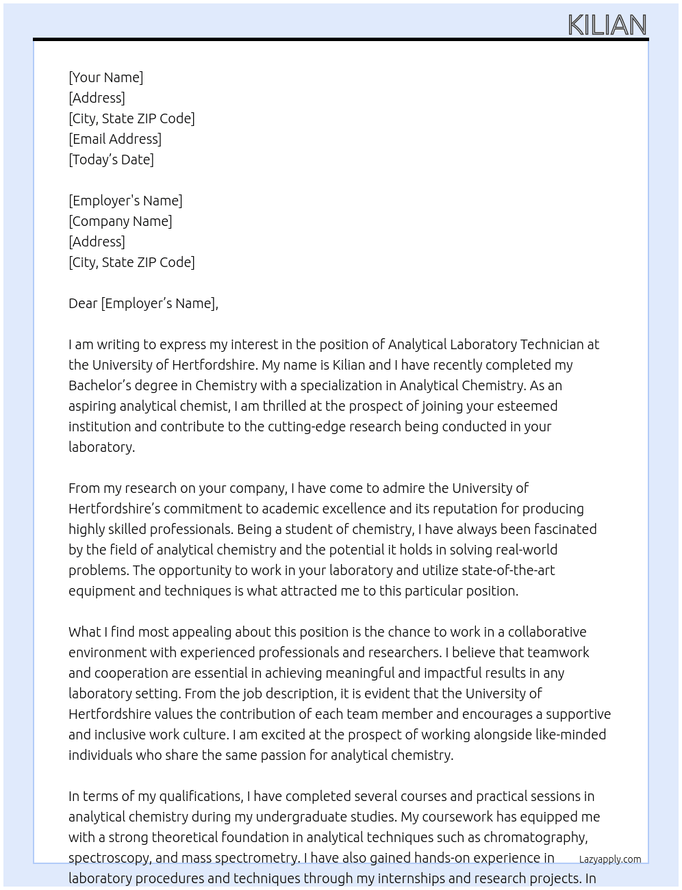 Analytical Laboratory technician  At University of Hertfordshire  Cover Letter