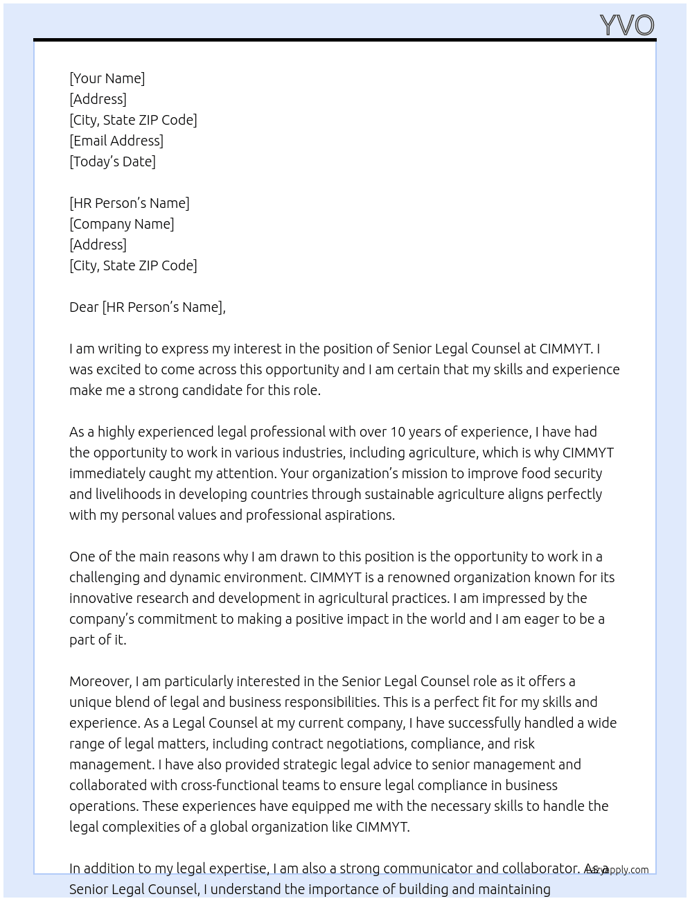 Senior Legal Counsel At CIMMYT Cover Letter