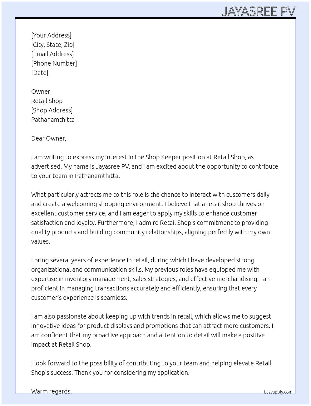 Shop Keeper  At Retail shop Cover Letter