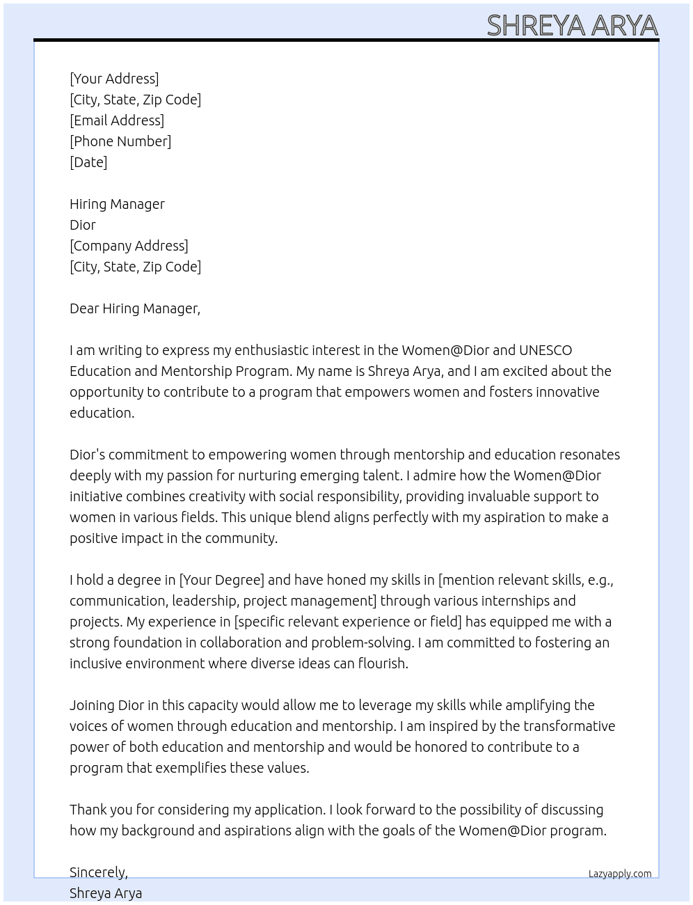 Womens@dior and unesco education and mentorship program At Dior Cover Letter