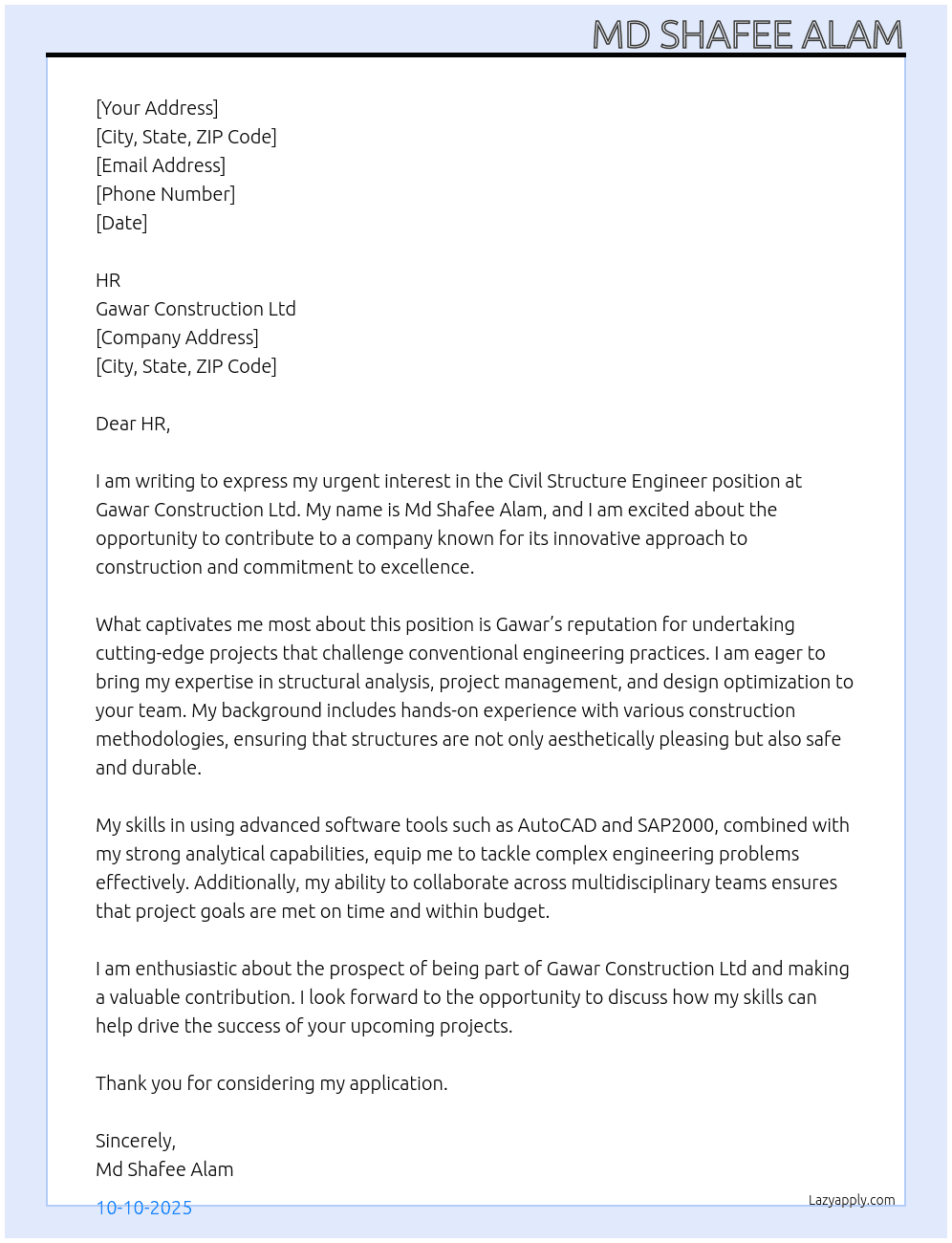 Cover letter for civil structure engineer - LazyApply
