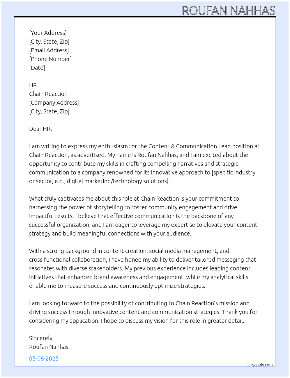 Content & Communication Lead At Chain Reaction Cover Letter