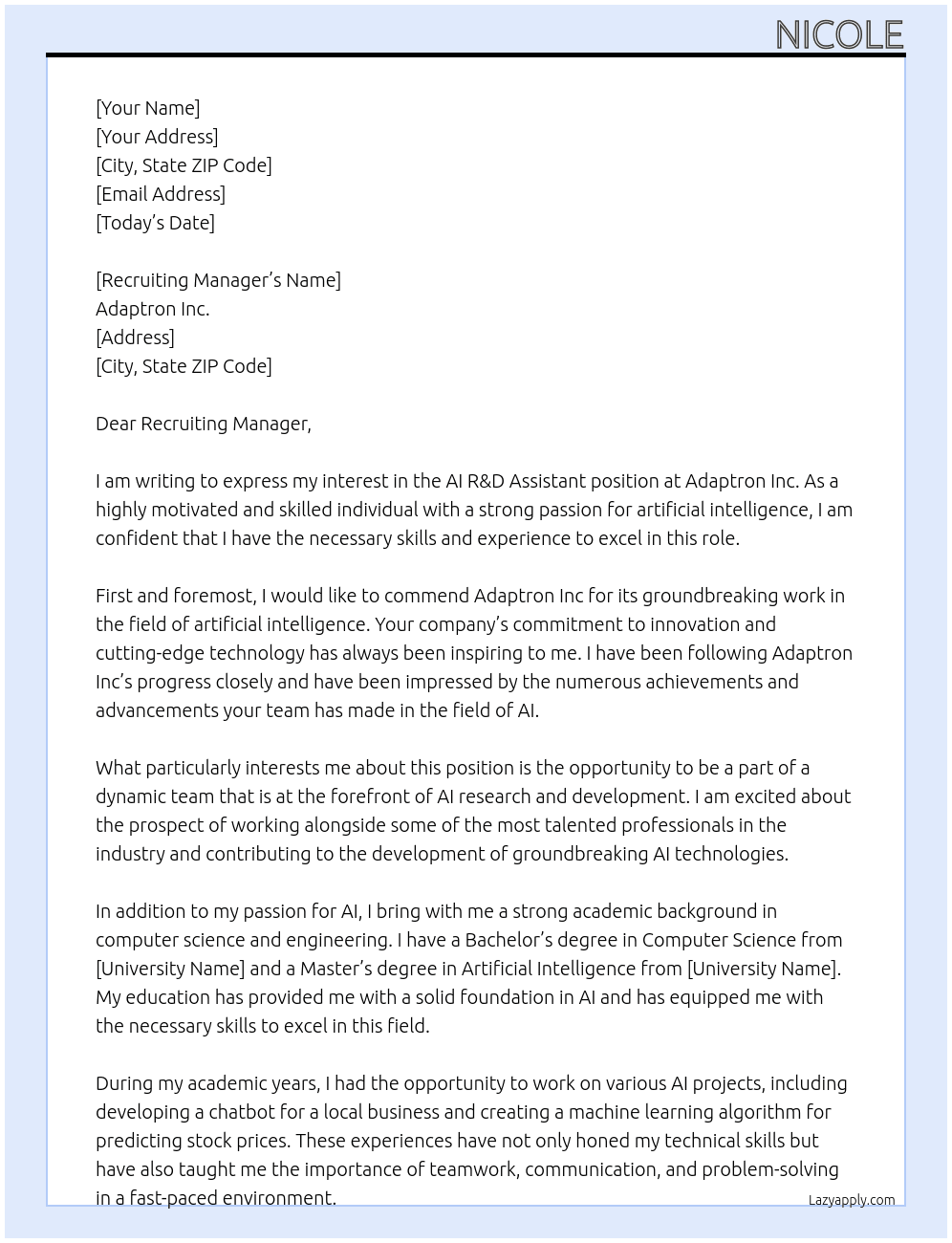  AI R&D Assistant At  Adaptron Inc Cover Letter